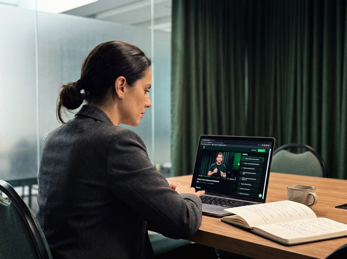 Gestora assistindo a uma aula da formação online na área de membros